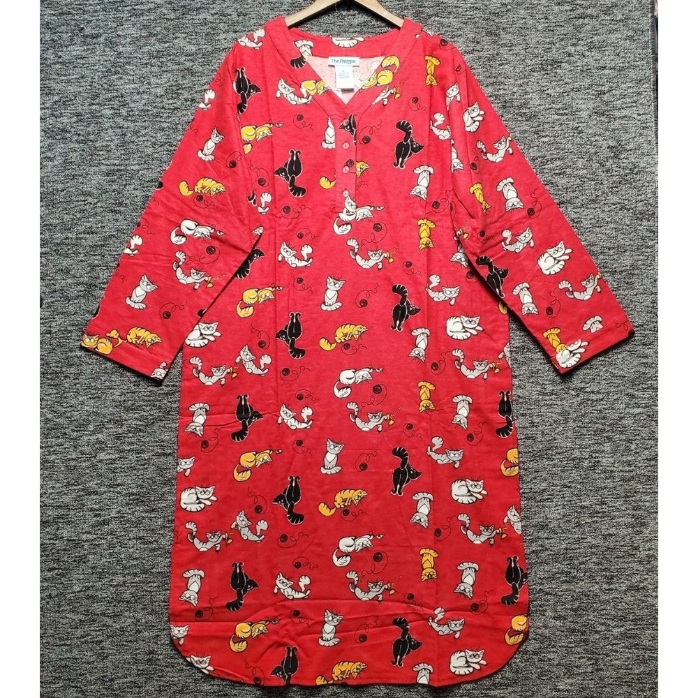 The Paragon Nightgown Womens 1X Red Cotton Flannel Novelty Cat Print Sleep Dress